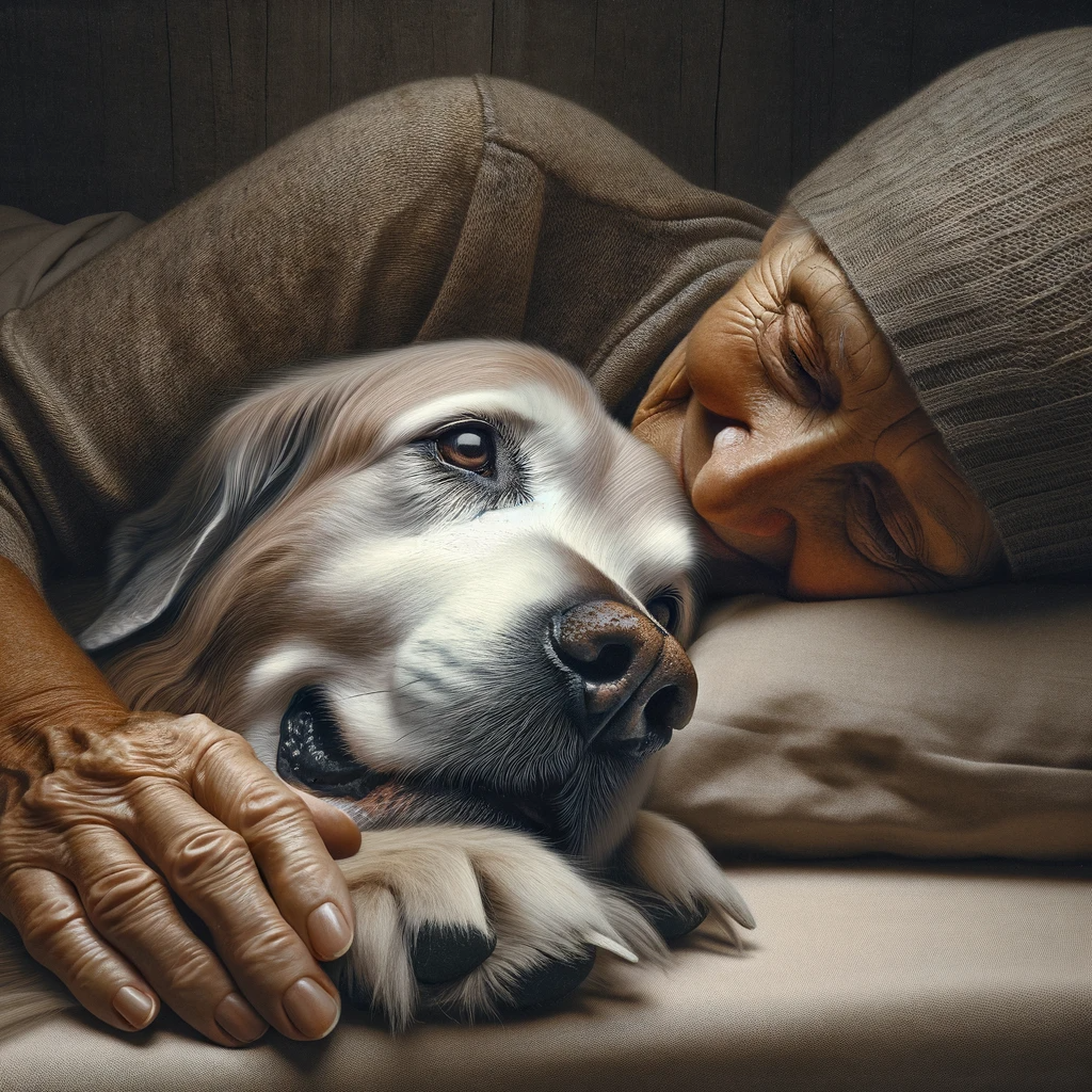 Любовь и забота - пожилая собака и ее хозяин