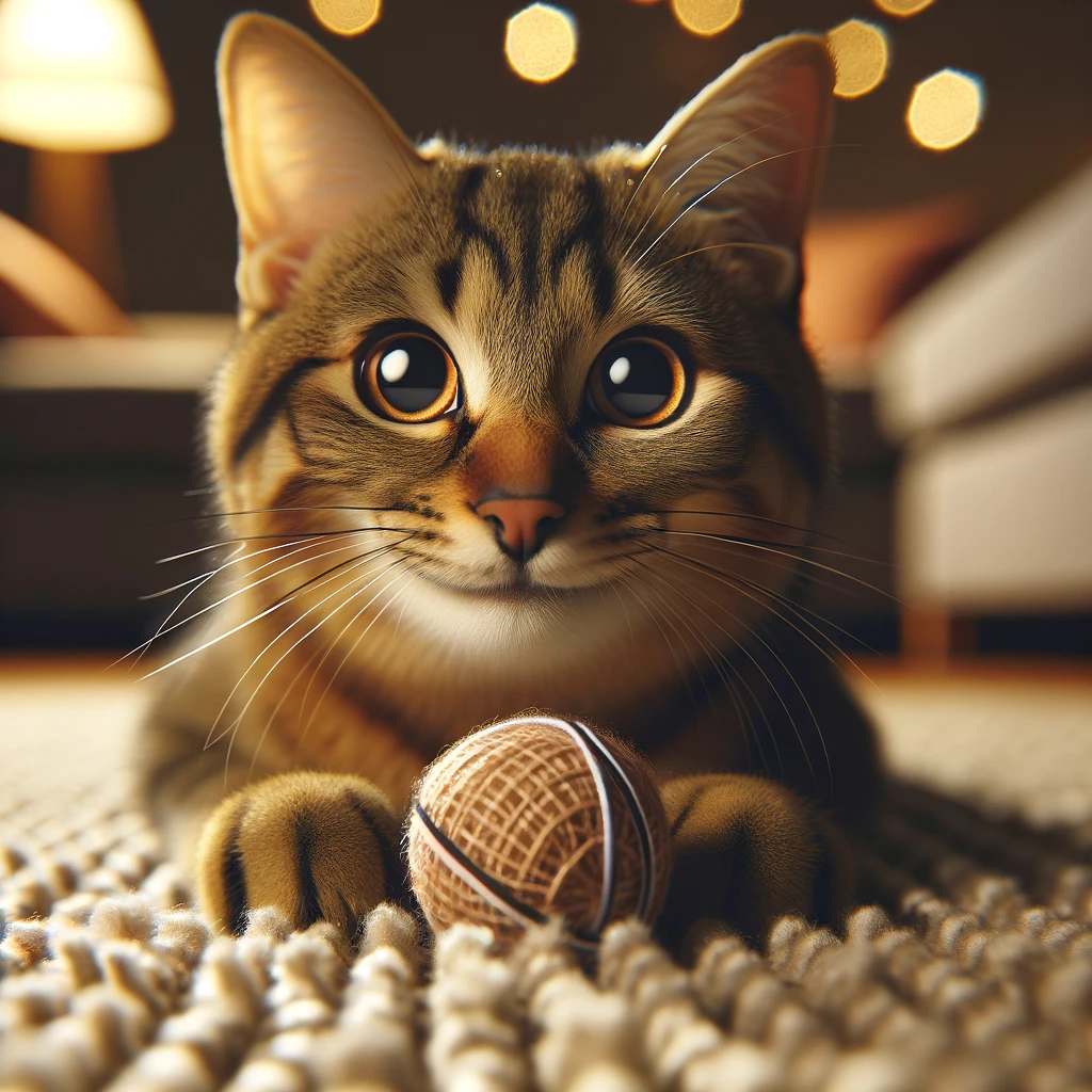 Кошка, играющая с мячиком на ковре