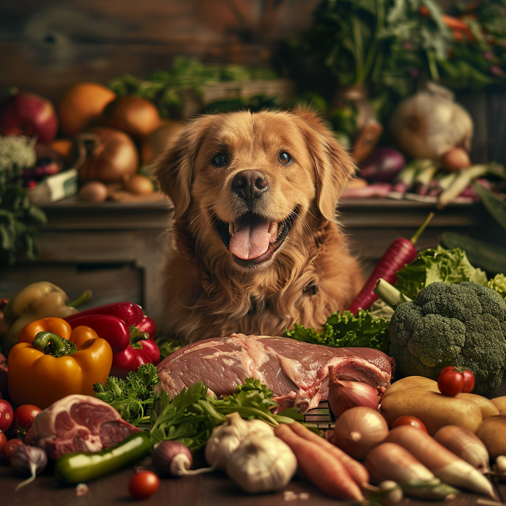 Сырое мясо и овощи для собаки
