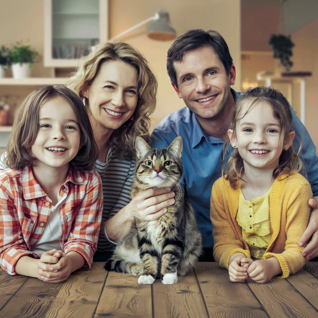 Счастливая семья с домашней кошкой